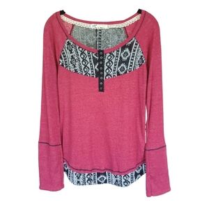 JOLT Sz L Ribbed Knit Henley Long Sleeves Aztec Reddish Pink Top Mixed Media